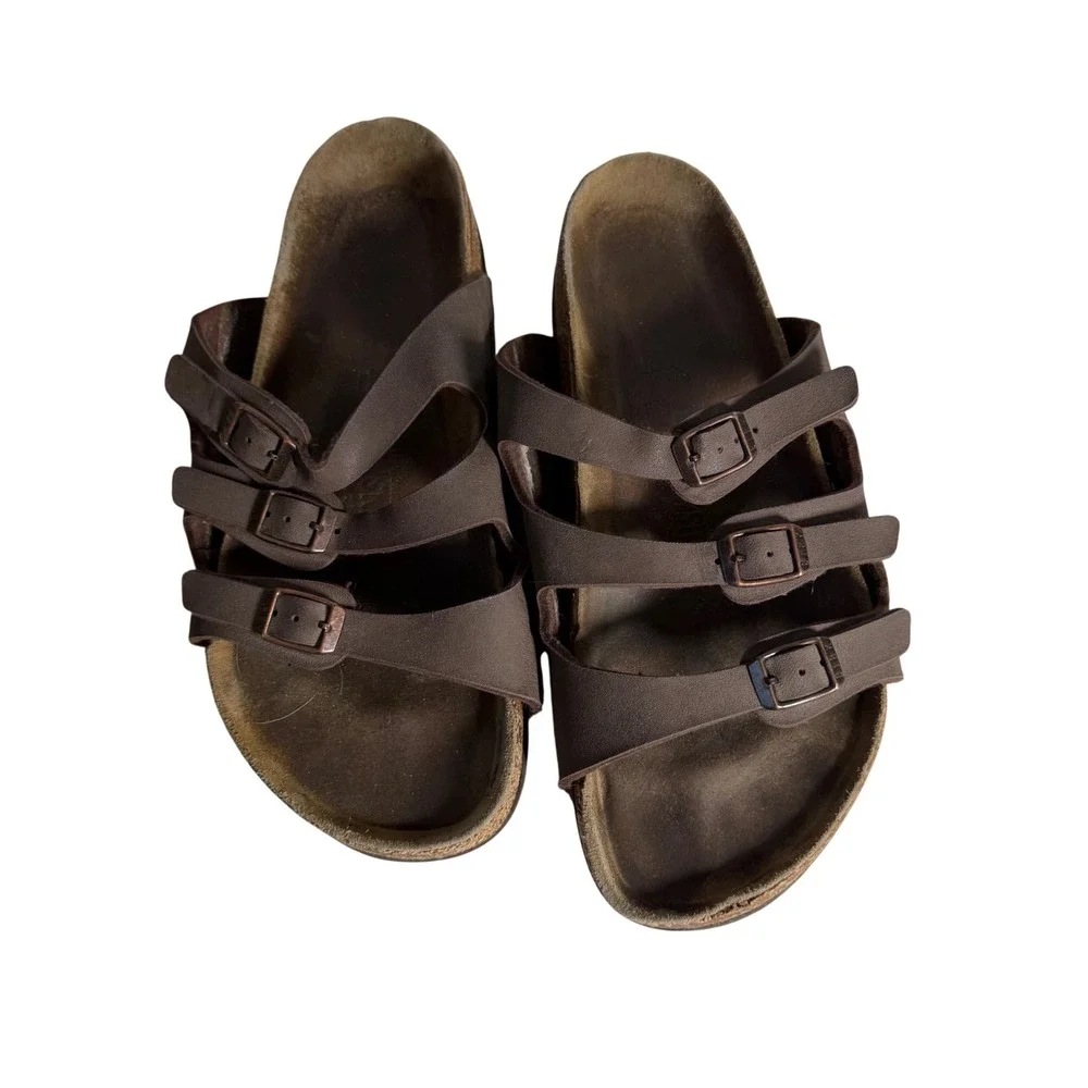 Birkenstock Florida Brown Three Strap Birko-Flor Slide Sandals‎ Size 38 L7 M5